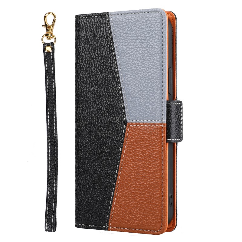 Color-blocked Phone Leather Case with Card Slot, Flip Cover, and Protective Hand Strap